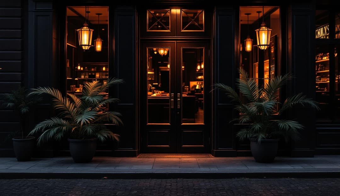 The entrance at night