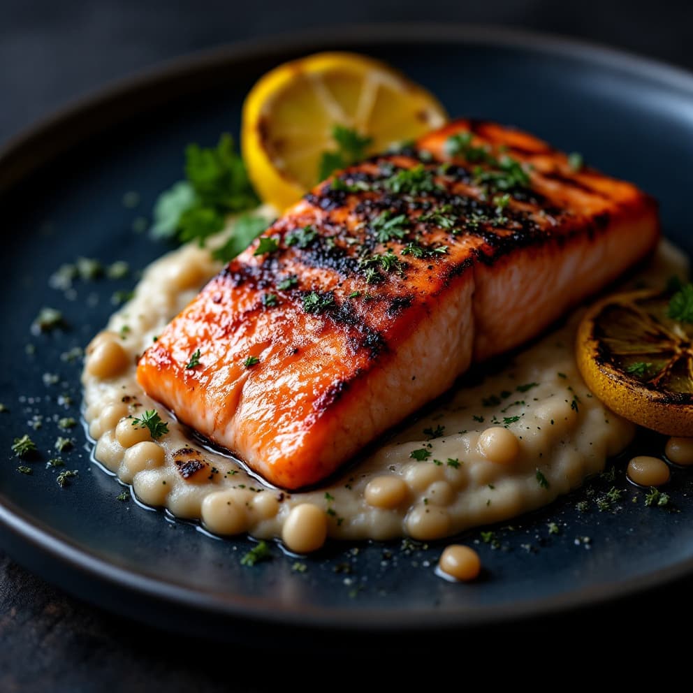 Seared salmon with charred lemon