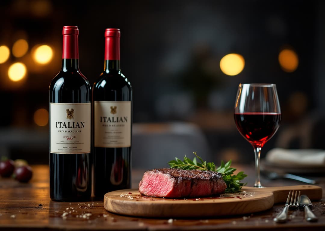 Wine bottles and a carved steak