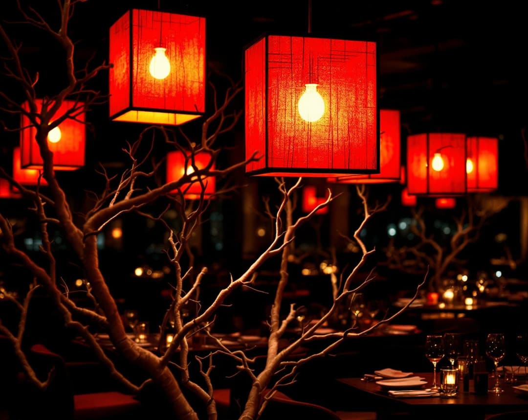 A dining room with red lanterns