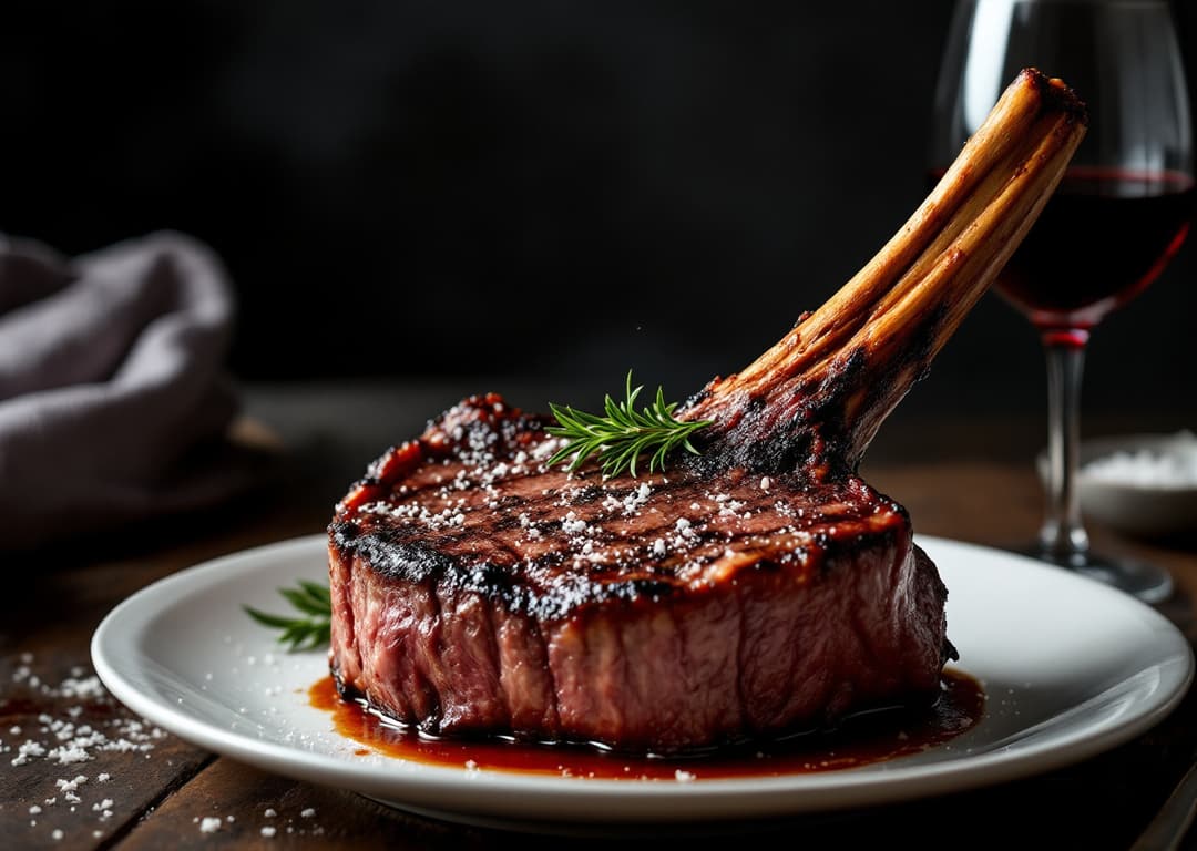 Tomahawk steak on a white plate